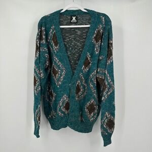 Xstatx Mens L Vintage Teal Diamond Knit Cardigan Eclectic Grandpa Retro Grunge‎